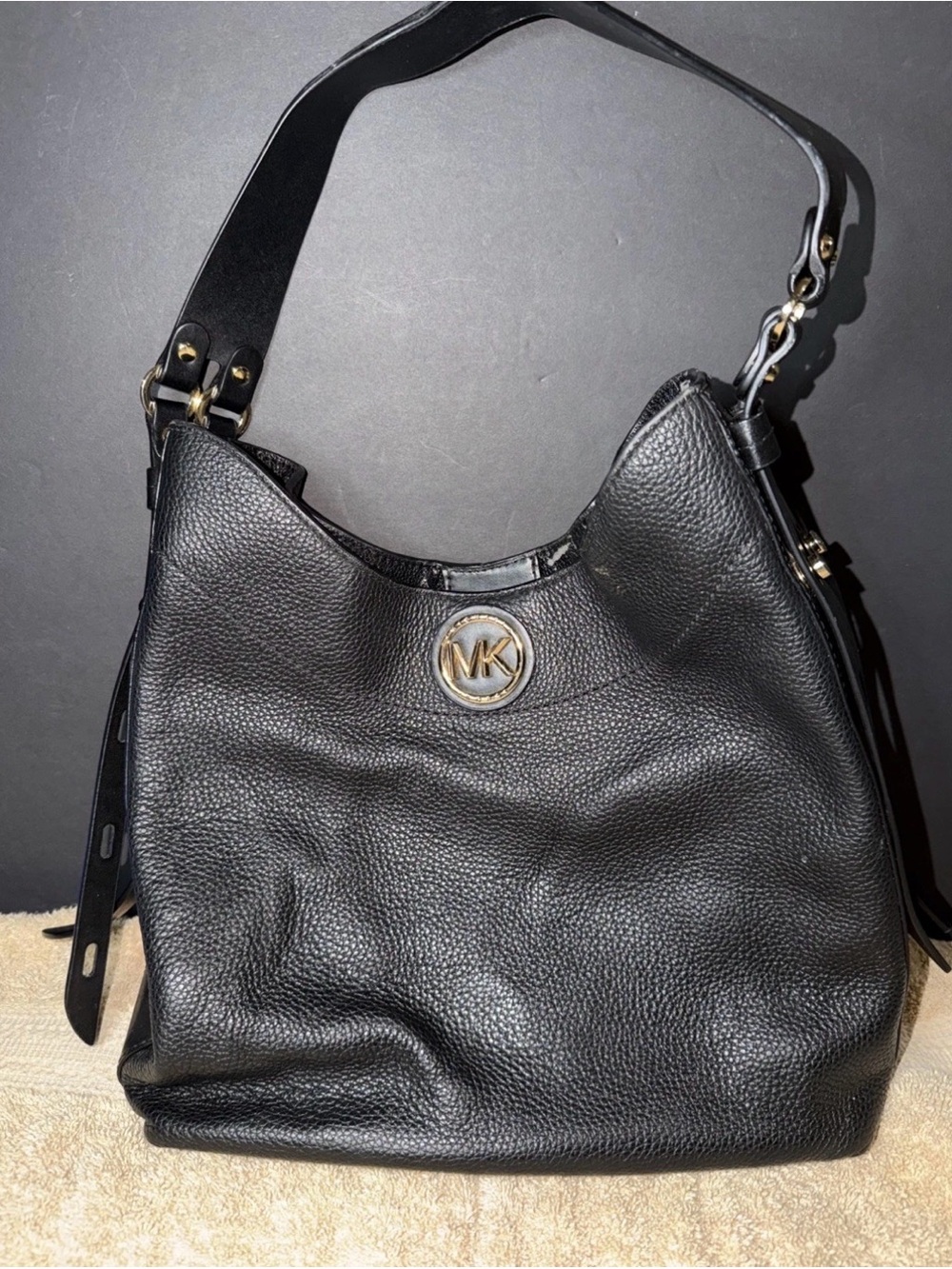 Michael Kors Large Black Pebbled Leather Shoulder Bag Hobo Purse MK Logo See Pic